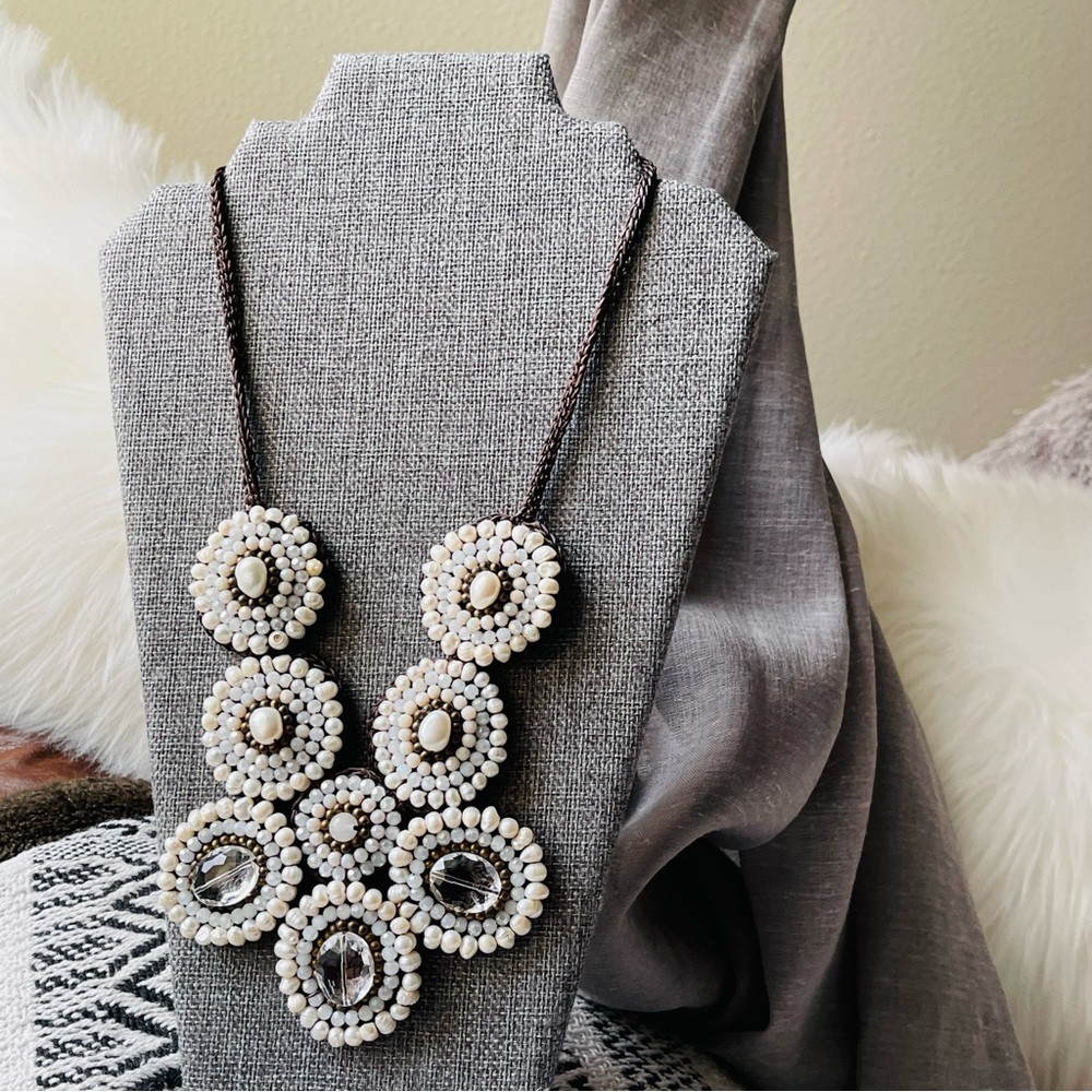 Mosaic Semi-Precious Stones Large White Bib Handmade 16" - 18" Necklace